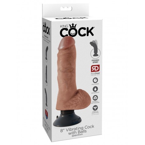 Кофейный вибромассажер со съёмной присоской 8" Vibrating Cock with Balls - 20,3 см.